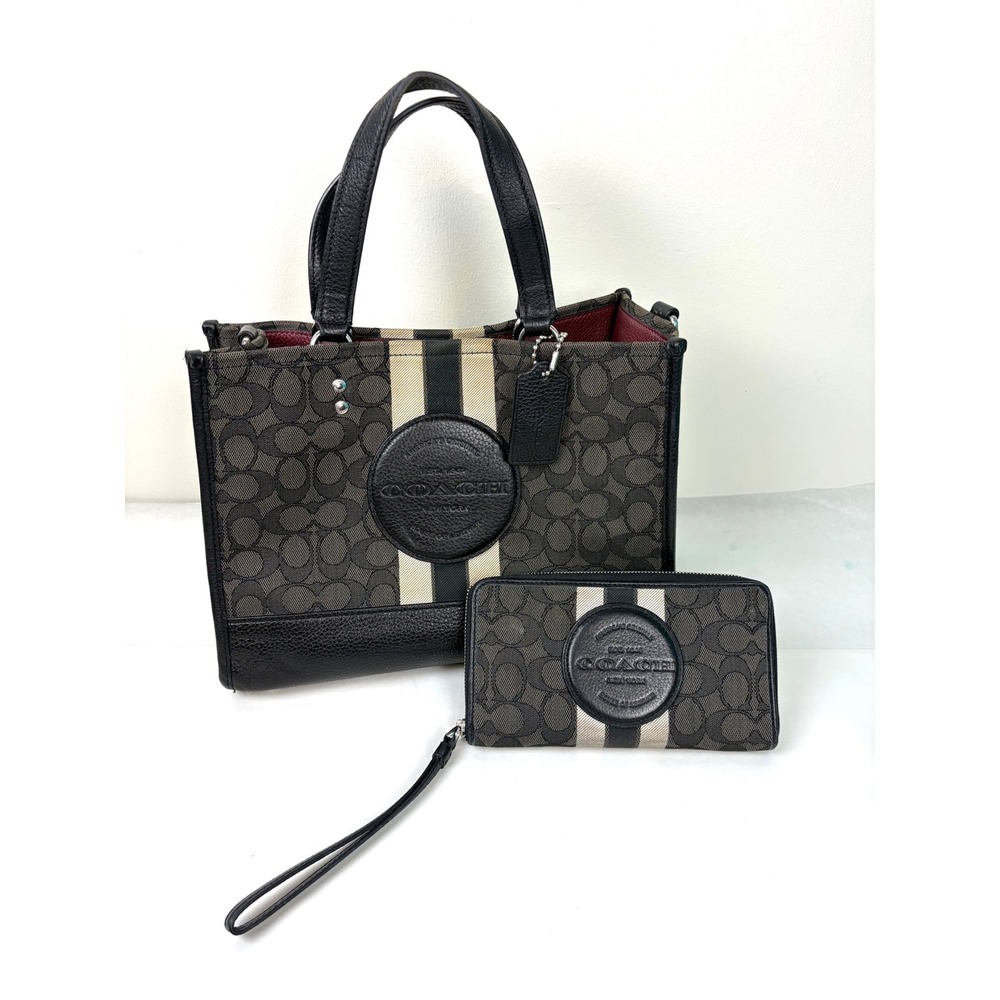 Coach Dempsey Tote Bag Wallet Set Carryall Black Signature Canvas Stripe Purse